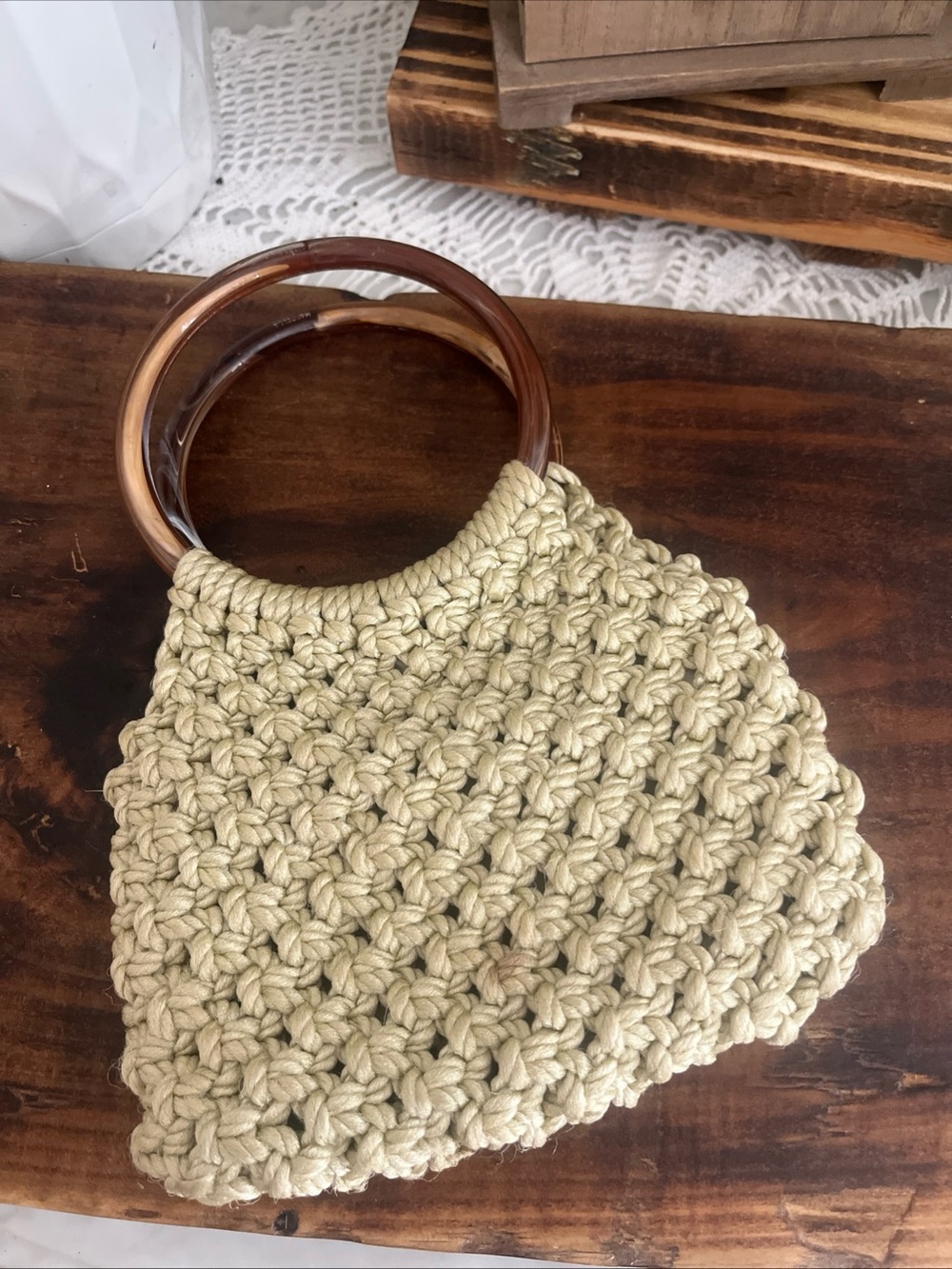 Vintage 1970s Macrame Purse Jute Natural Fiber Woven Handbag Round Handles Lined
